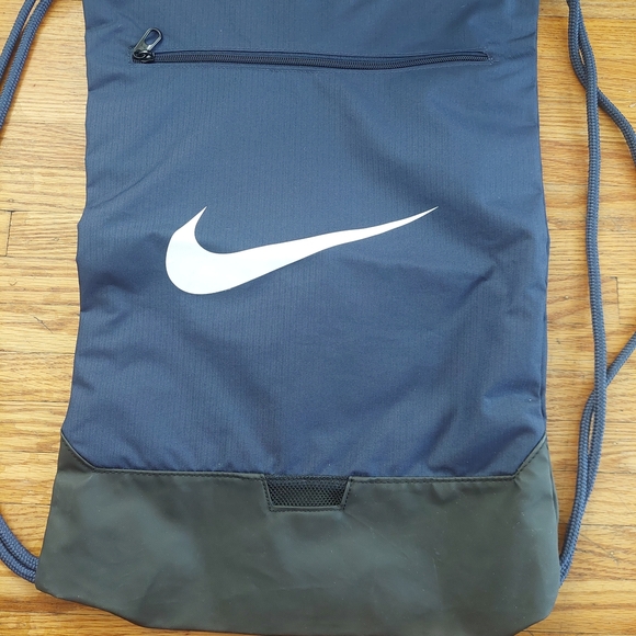 Nike Blue and Black Drawstring Backpack Swoosh Sturdy Double Ribbed Nylon - Picture 1 of 5
